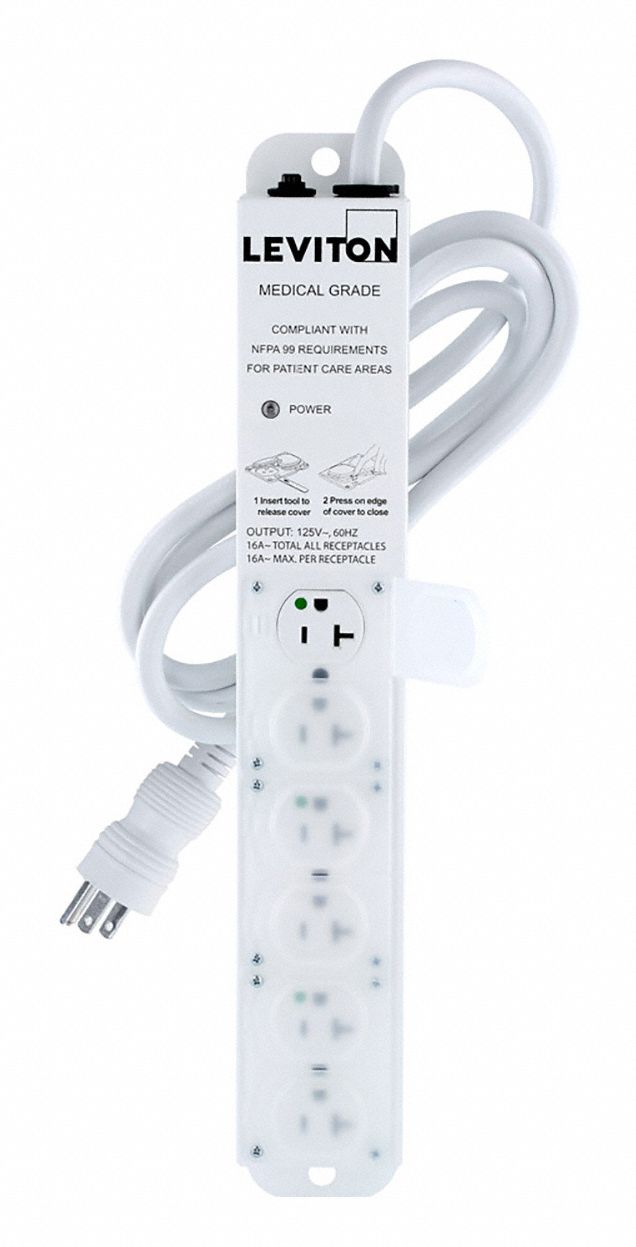 Outlet Strip: 6 Outlets, 7 ft Cord Lg, 20 A Max. Amps, NEMA 5-20P, Power Indicator