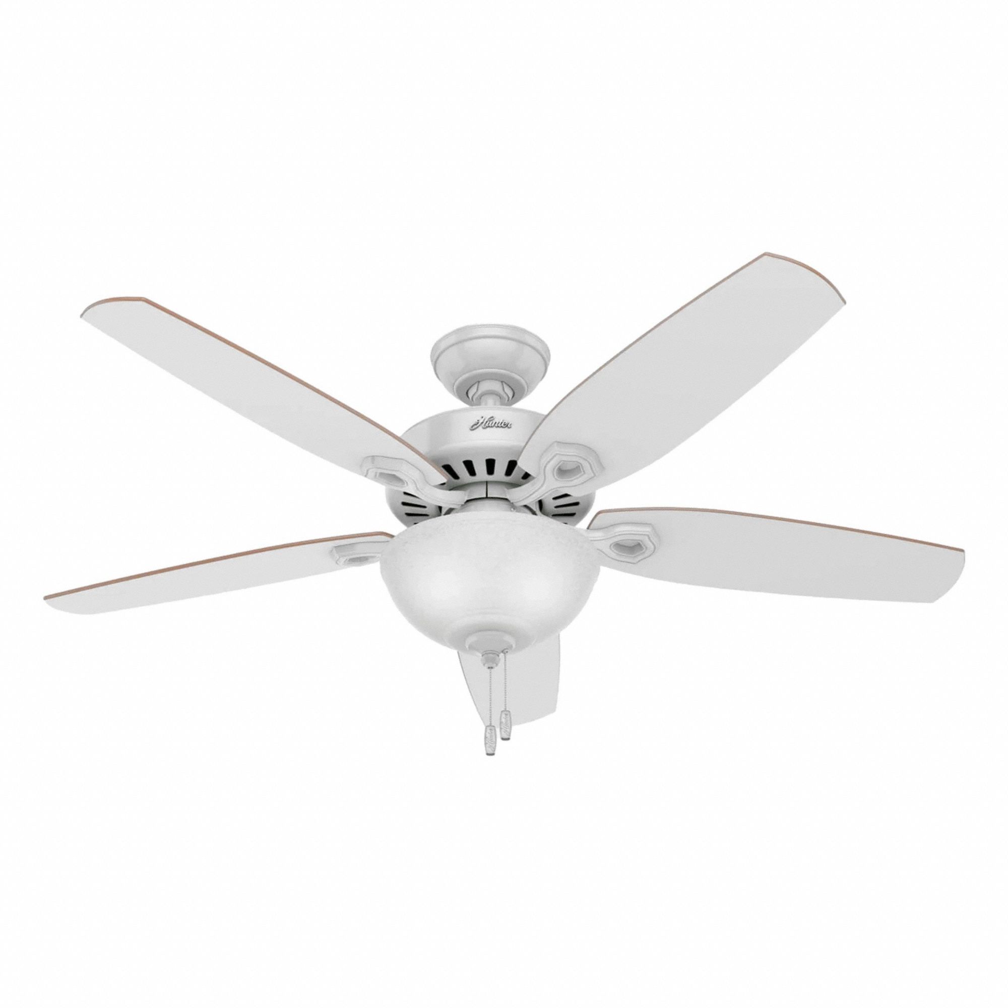 Ceiling Fan: 52 in Blade Dia, Snow White, 3 Speeds, Light Kit, Builder Deluxe