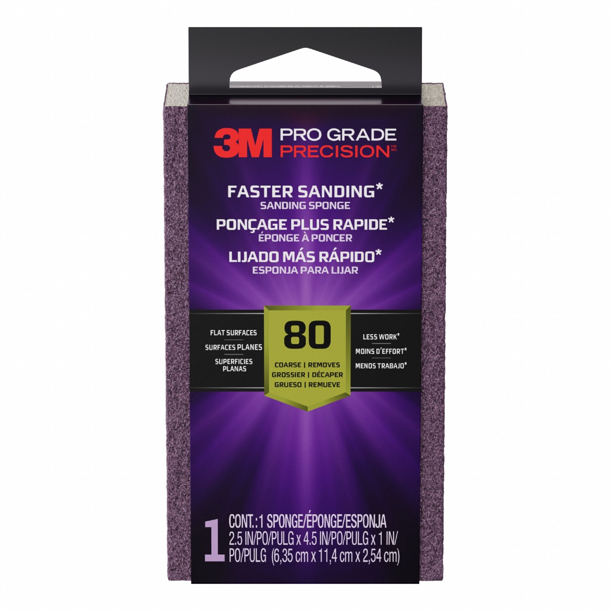 Sanding Sponge: 2 1/2 in W x 4 1/2 in L x 1 in T, Ceramic, Medium, 80 Grit, Pro Grade Precision