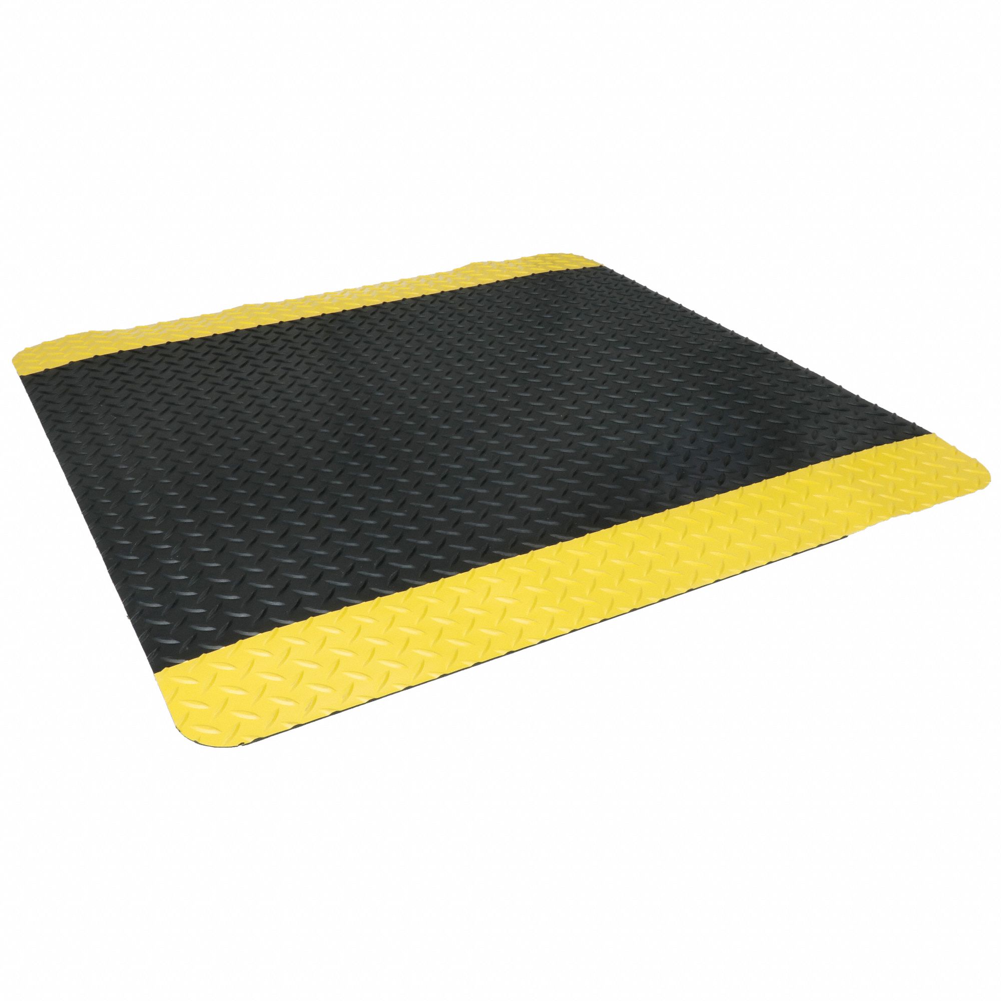 Antifatigue Mat: Diamond Plate, 3 ft x 3 ft, 3/8 in Thick, Black with Yellow Border, Beveled Edge