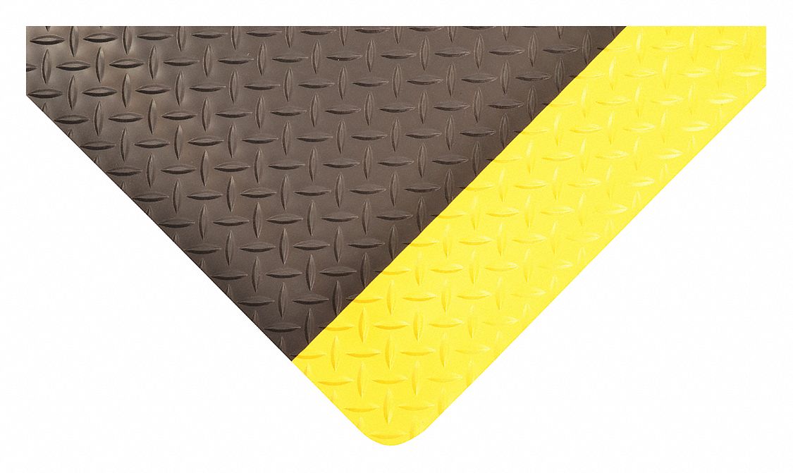 NOTRAX Antifatigue Mat: Diamond Plate, 3 ft x 4 ft, 7/8 in Thick, Black  with Yellow Border, Beveled Edge - 53AC81