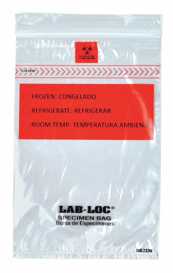 Specimen Transfer Bag: LDPE, Biohazard, 1.75 mil Thick, Clear, 6 in Overall Ht, LABZ46B, 1, 000 PK