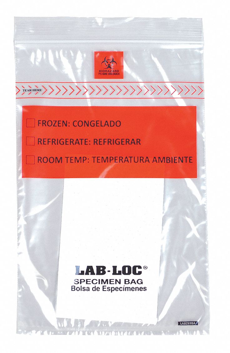 Specimen Transfer Bag: LDPE, Biohazard, 1.75 mil Thick, Clear, 10 in Overall Ht, LABZ810BA, 1, 000 PK