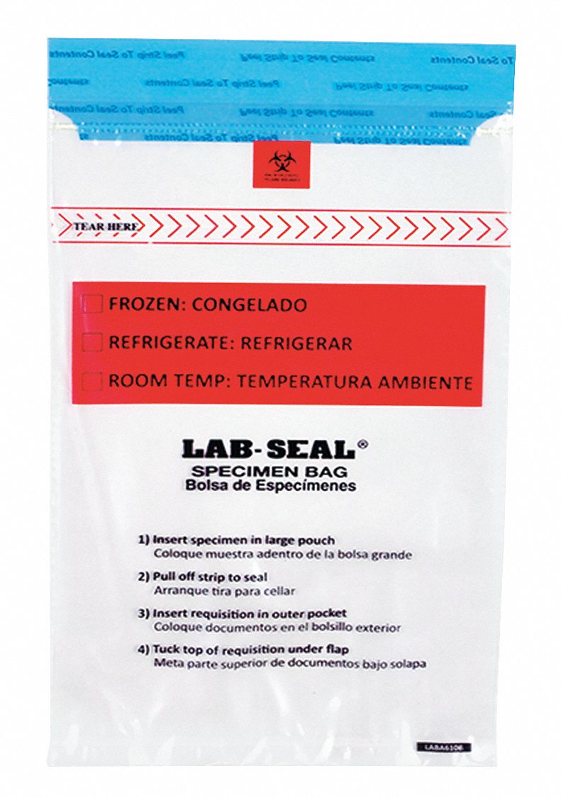 Specimen Transfer Bag: 1.8 mil Thick, Low Density Polyethylene, Clear, Biohazard Symbol, 500 PK