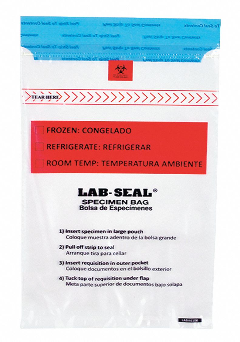 Specimen Transfer Bag: LDPE, Biohazard, 1.8 mil Thick, Clear, 18 in Overall Ht, Non-Sterile, 500 PK