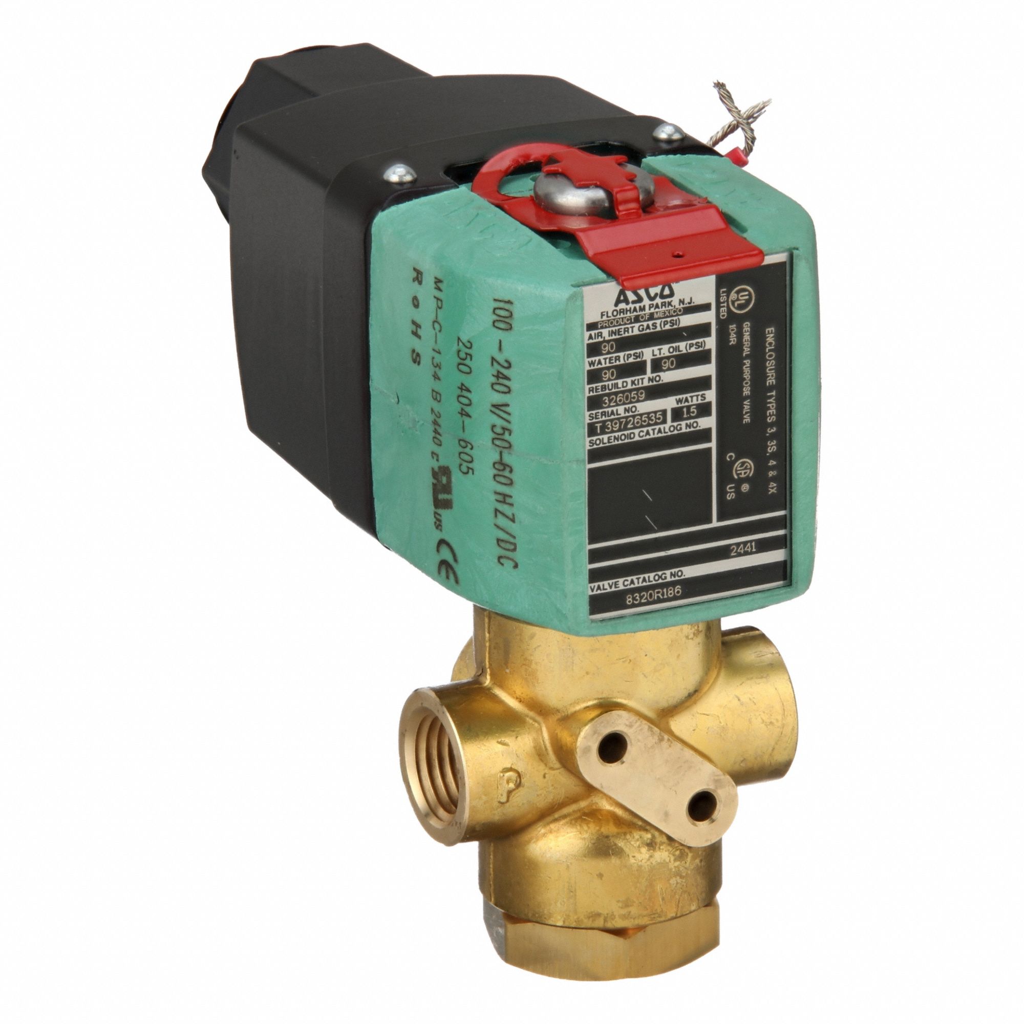 ASCO Solenoid Valve: 3-Way, Normally Closed, 1/4 in Pipe Size, 100 to 240V AC, Direct Mount (MPN 8320R186 100-240). Key specifications — Pipe Size: 1/4 in; Voltage: 100 to 240V AC; Brand: ASCO.