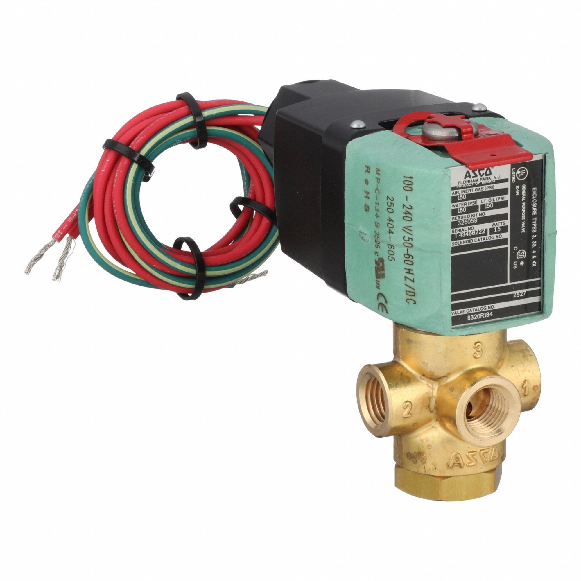 ASCO Solenoid Valve: 3-Way, Normally Closed, 1/4 in Pipe Size, 100 to 240V AC, Direct Mount (MPN 8320R184 100-240). Key specifications — Pipe Size: 1/4 in; Voltage: 100 to 240V AC; Brand: ASCO.