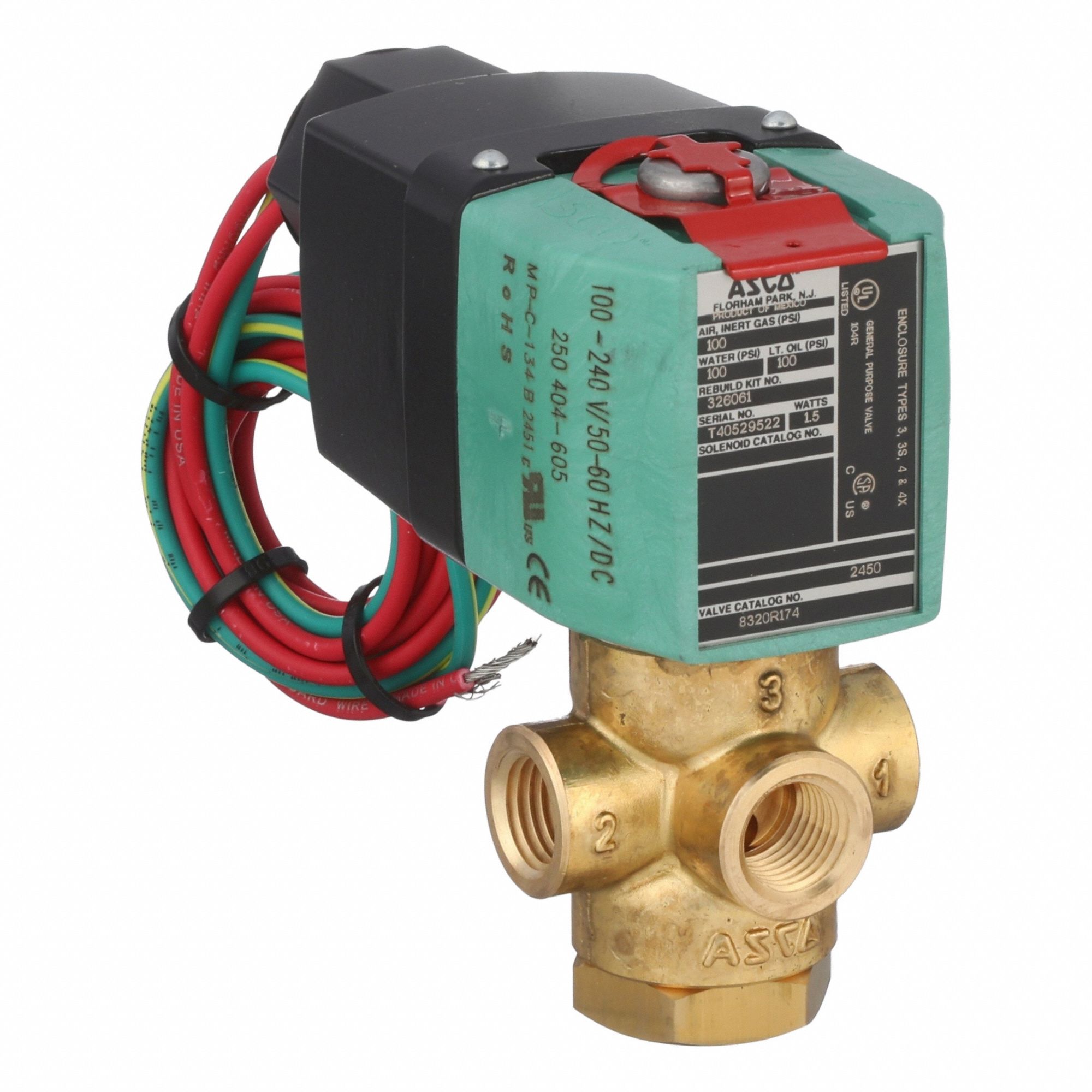 ASCO Solenoid Valve: 3-Way, Configurable, 1/4 in Pipe Size, 100 to 240V AC, Direct Mount, Brass Body (MPN 8320R174 100-240). Key specifications — Pipe Size: 1/4 in; Voltage: 100 to 240V AC; Brand: ASCO.