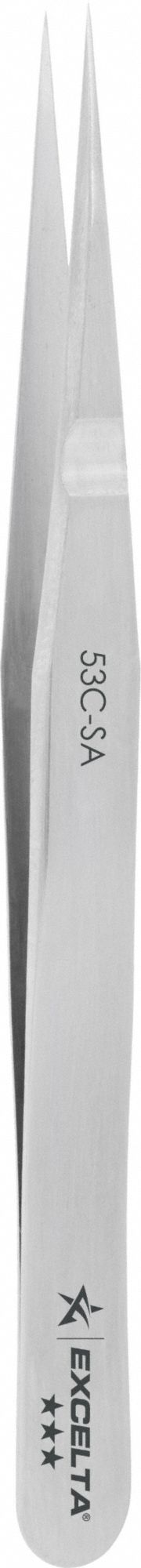Tweezers: Stainless Steel, Point, Straight Tip, 0.004 in Tip Thick