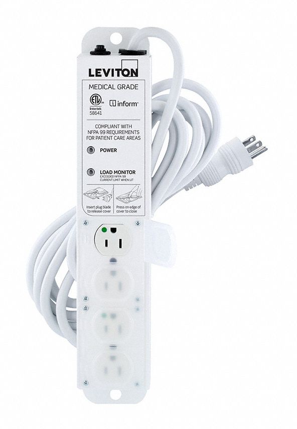 Outlet Strip: 4 Outlets, 15 ft Cord Lg, 15 A Max. Amps, Hospital Grade NEMA 5-15P