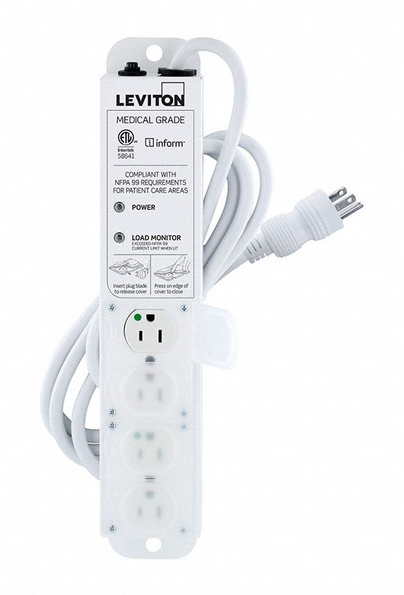 Outlet Strip: 4 Outlets, 7 ft Cord Lg, 15 A Max. Amps, Hospital Grade NEMA 5-15P