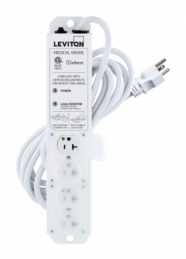 Outlet Strip: 4 Outlets, 15 ft Cord Lg, 20 A Max. Amps, Hospital Grade NEMA 5-20P