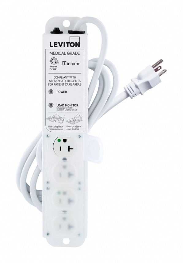 Outlet Strip: 4 Outlets, 7 ft Cord Lg, 20 A Max. Amps, Hospital Grade NEMA 5-20P