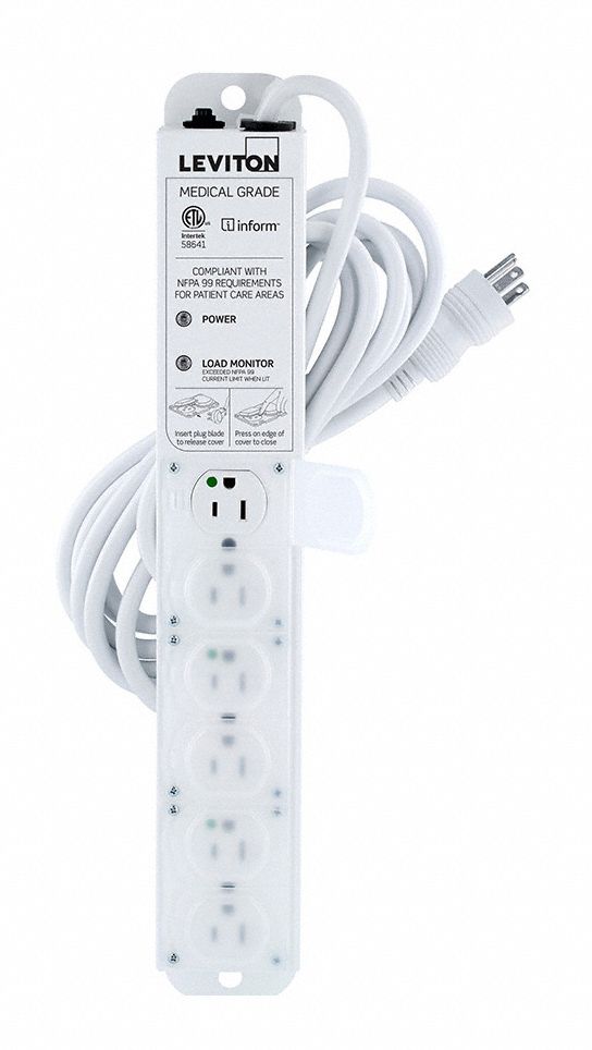 Outlet Strip: 6 Outlets, 15 ft Cord Lg, 15 A Max. Amps, Hospital Grade NEMA 5-15P