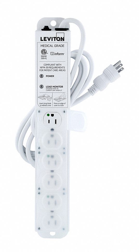 Outlet Strip: 6 Outlets, 7 ft Cord Lg, 15 A Max. Amps, Hospital Grade NEMA 5-15P