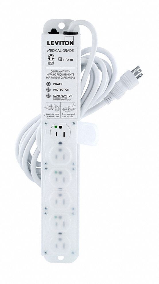 Surge Protected Outlet Strip: 6 Outlets, Hospital Grade, NEMA 5-15P, 15 ft Cord Lg