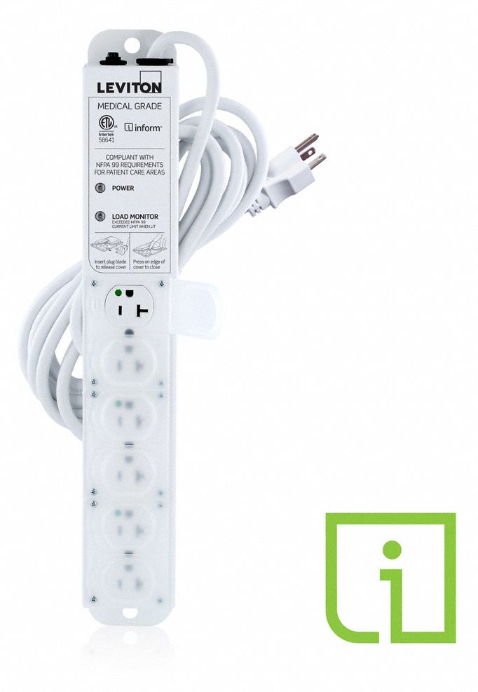 Outlet Strip: 6 Outlets, 15 ft Cord Lg, 20 A Max. Amps, Hospital Grade NEMA 5-20P