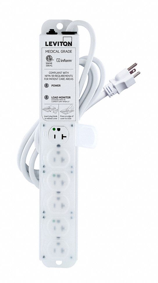 Outlet Strip: 6 Outlets, 7 ft Cord Lg, 20 A Max. Amps, Hospital Grade NEMA 5-20P