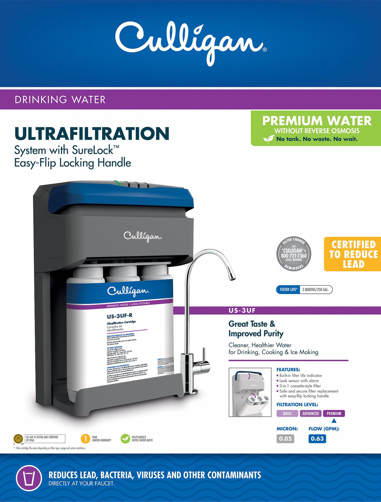 CULLIGAN Water Filtration System 0.5 micron, 0.8 gpm, 350 gal, 14 3/5