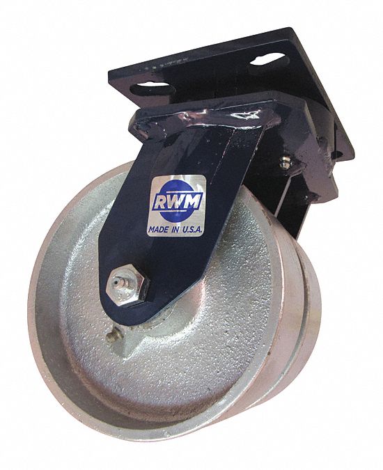 Plate Caster: Swivel, Iron, 6 in Wheel Dia, 2 in Wheel Wd, 8 in Mounting Ht, Roller, Heavy Duty
