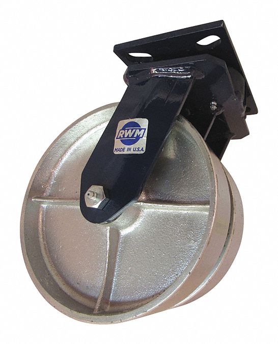Plate Caster: Swivel, Iron, 8 in Wheel Dia, 2 in Wheel Wd, 10 1/8 in Mounting Ht, Roller, Swivel