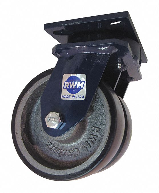 Plate Caster: Swivel, Polyurethane, 6 in Wheel Dia, 2 in Wheel Wd, 8 in Mounting Ht, Roller