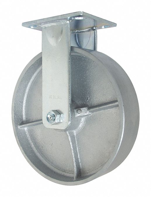 Plate Caster: Rigid, Iron, 8 in Wheel Dia, 2 in Wheel Wd, 10 1/8 in Mounting Ht, Roller, Rigid