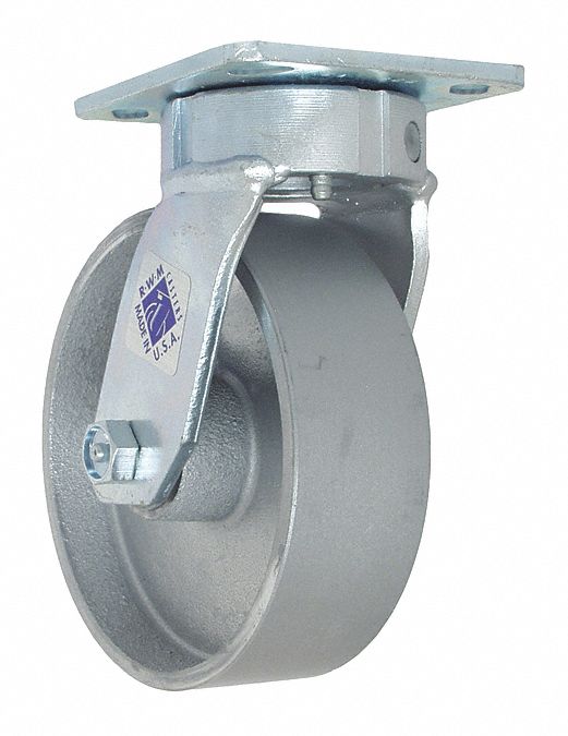 Plate Caster: Swivel, Iron, 8 in Wheel Dia, 2 in Wheel Wd, 10 1/8 in Mounting Ht, Roller, Swivel