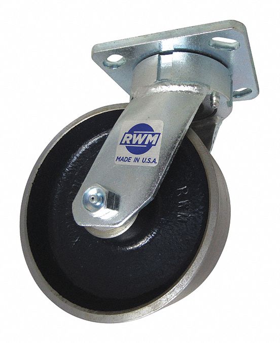 Plate Caster: Swivel, Steel, 6 in Wheel Dia, 2 in Wheel Wd, 7 1/2 in Mounting Ht, Roller