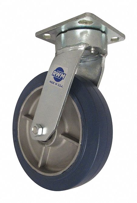 Plate Caster: Swivel, Rubber, 8 in Wheel Dia, 2 in Wheel Wd, 10 1/8 in Mounting Ht, Ball, Swivel