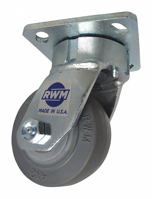 Plate Caster: Swivel, Rubber, 4 in Wheel Dia, 2 in Wheel Wd, 5 5/8 in Mounting Ht, Roller