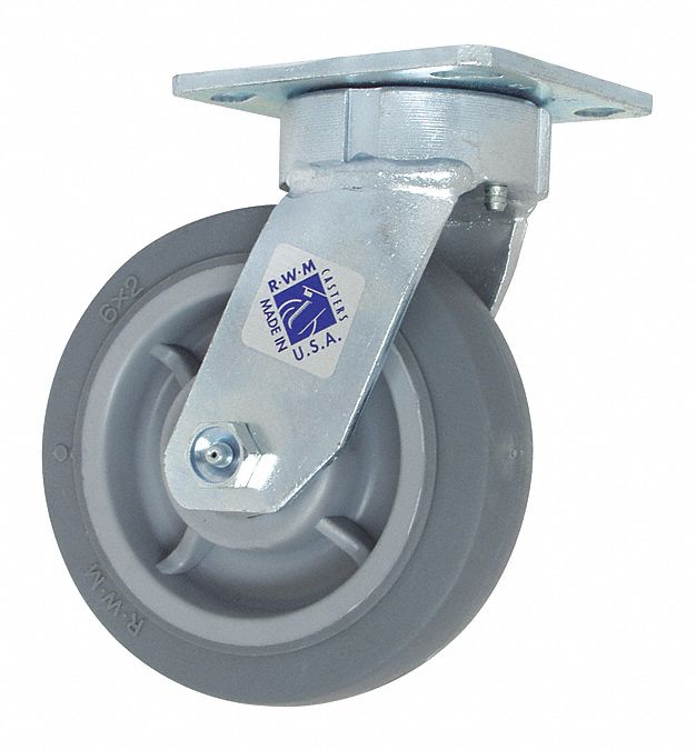 Plate Caster: Swivel, Rubber, 5 in Wheel Dia, 2 in Wheel Wd, 6 1/2 in Mounting Ht, Roller