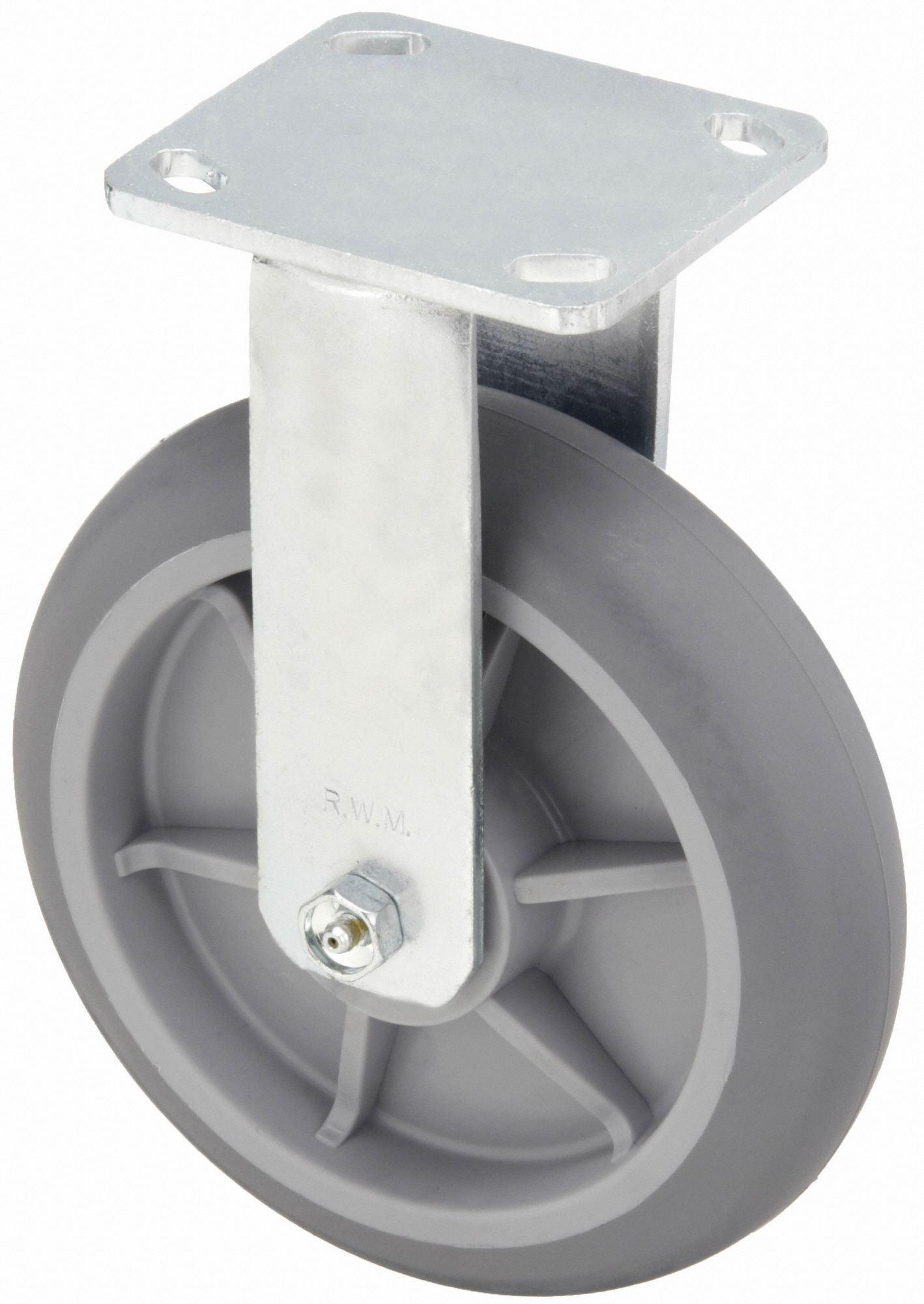 Plate Caster: Rigid, Rubber, 8 in Wheel Dia, 2 in Wheel Wd, 10 1/8 in Mounting Ht, Roller, Rigid