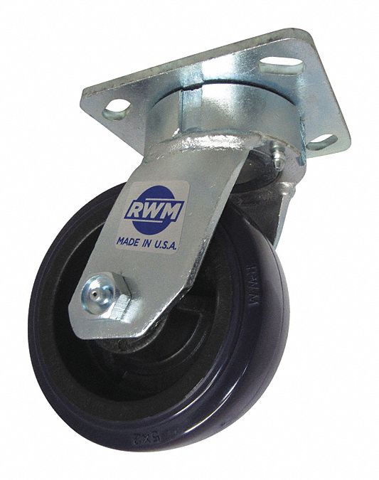 Plate Caster: Swivel, Polyurethane, 5 in Wheel Dia, 2 in Wheel Wd, 6 1/2 in Mounting Ht, Plain