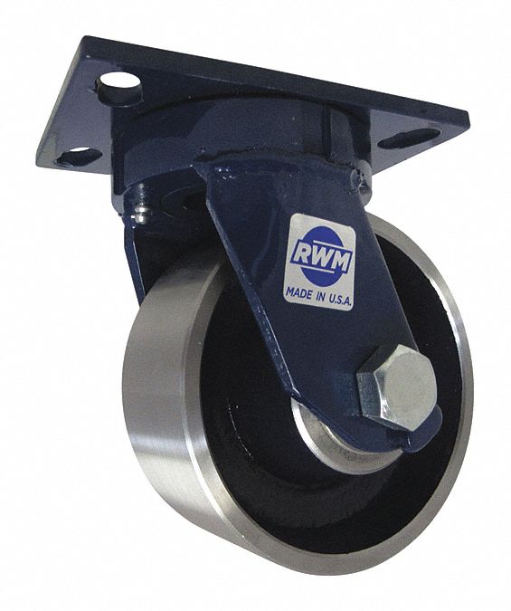 Plate Caster: Swivel, Steel, 6 in Wheel Dia, 2 in Wheel Wd, 7 3/4 in Mounting Ht, Roller