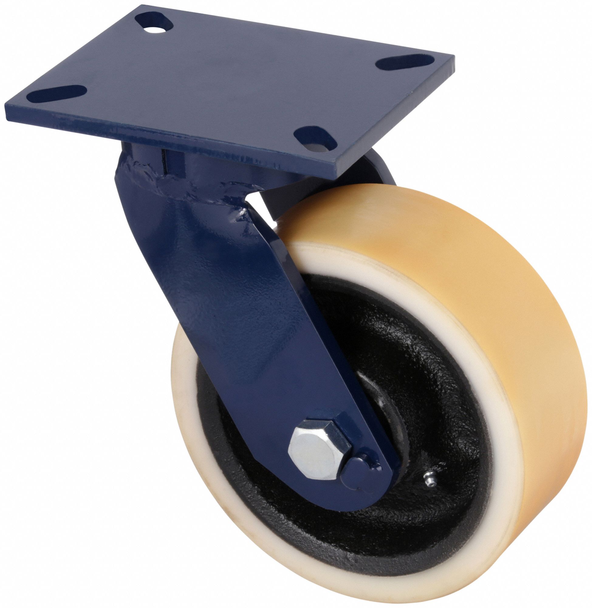 KINGPINLESS PLATE CASTER, 10 IN WHEEL DIA, 5000 LB, 12½ IN MOUNTING H, POLYURETHANE, FIRM