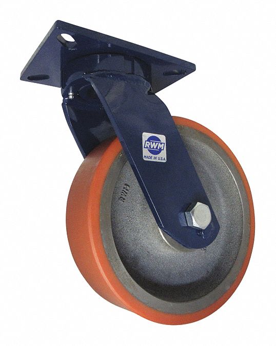 Plate Caster: Swivel, Polyurethane, 10 in Wheel Dia, 3 in Wheel Wd, 12 1/2 in Mounting Ht, Ball