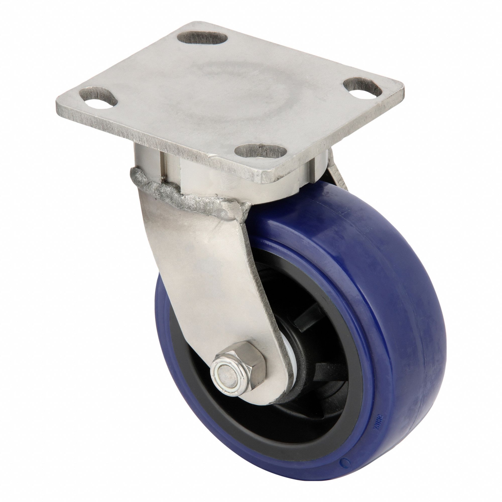 Plate Caster: Swivel, Polyurethane, 5 in Wheel Dia, 2 in Wheel Wd, 6 1/2 in Mounting Ht, Plain