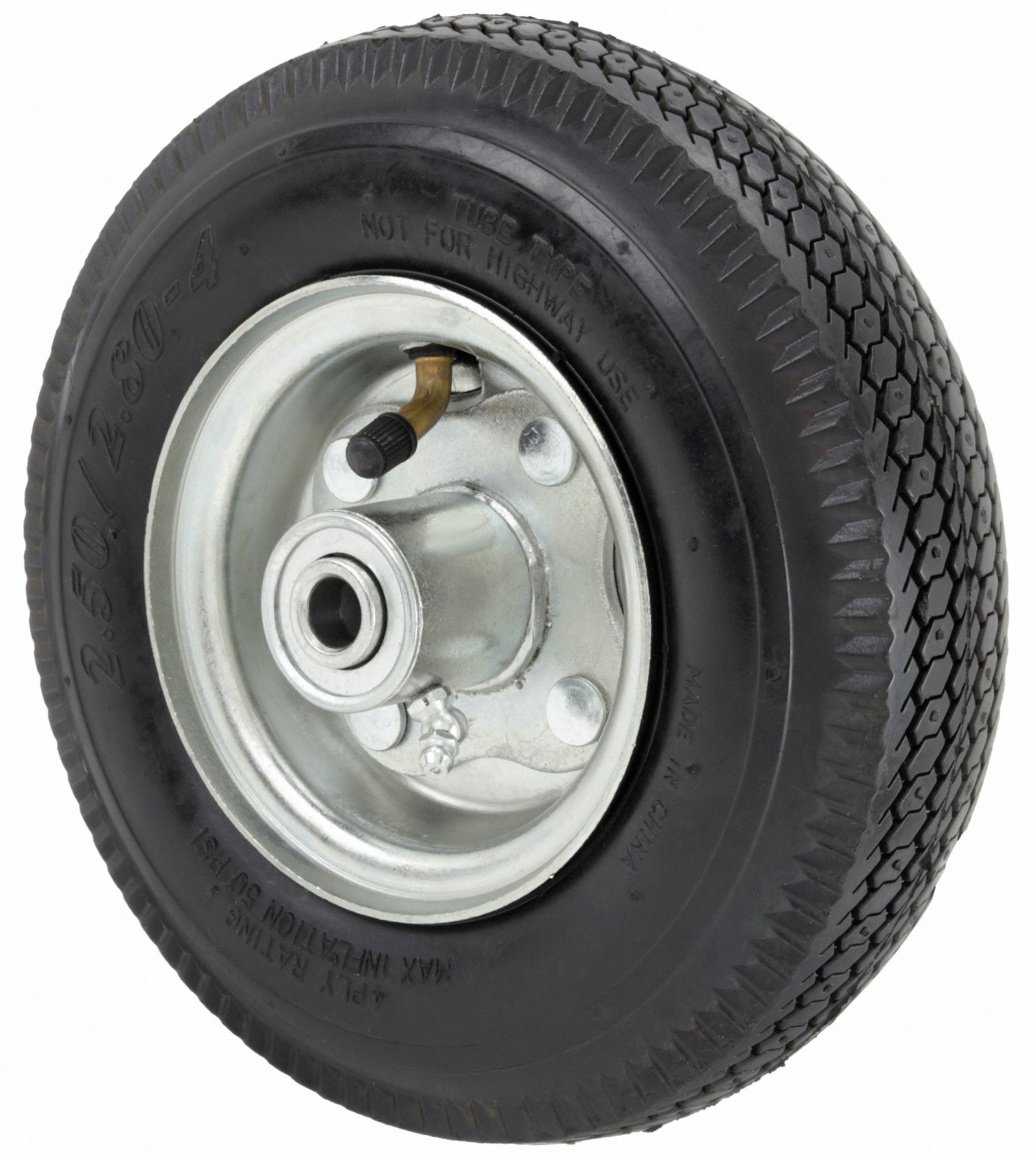 PNEUMATIC WHEEL, 8½ IN WHEEL DIAMETER, 2 IN WHEEL W, 250 LB, ½ IN FOR AXLE SIZE