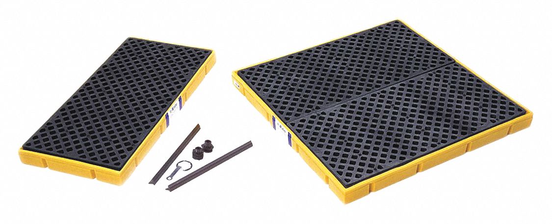 PALETTE CONFINEMENT, DÉVERSEMENTS BARILS, POUR 4 BARILS DE 55GALS, CAPACITÉ DE 35 GAL, 54 1/2 PO X 54 1/2 PO, JAUNE