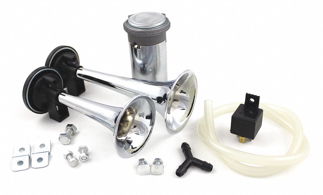 Air Horn: 12V DC, Full Tone, Air, Silver, Chrome Plated, 135 dBA Sound Level - Max, 2 Horns