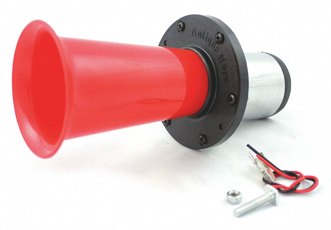 Electric Horn: 12V DC, Full Tone, Electric, Red/Black, Unfinished, 112 dB Sound Level - Max