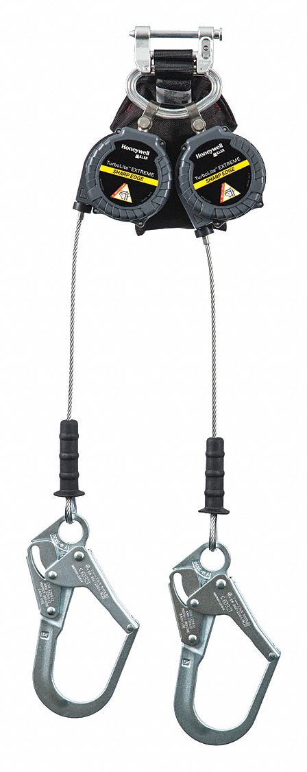 SELF-RETRACTING LIFELINE, 2 LEG, VISUAL LOAD INDICATOR, 420 LB CAP, GREY, 9 FT