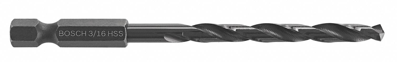 HEX SHANK DRILL BIT, RIGHT HAND, BLACK OXIDE, 3/16 IN, 135 ° , HSS, HEX SHANK, 3½ IN L