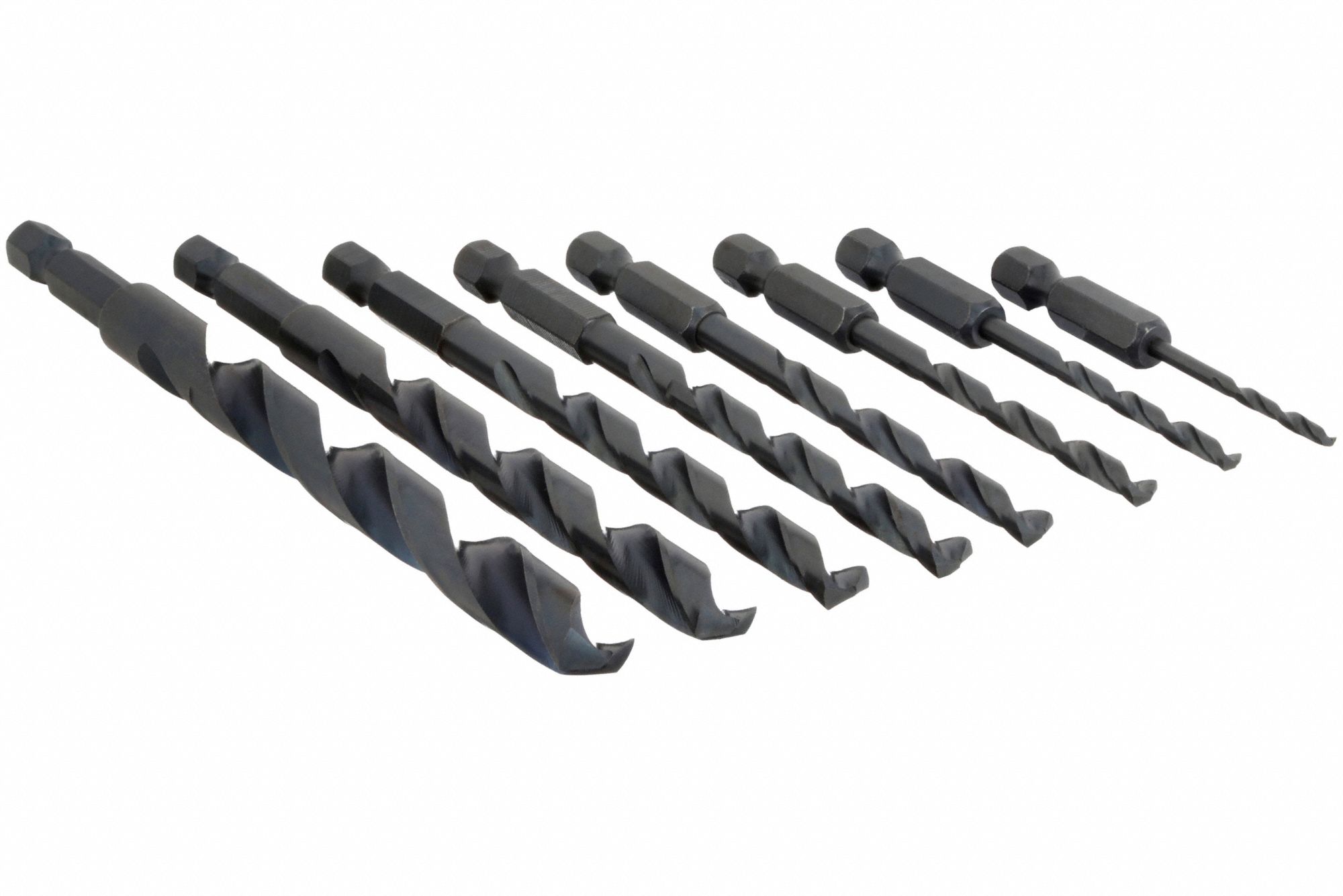 Hex Shank Drill Set: 9 Pc, 1/16" to 3/8", 135° Point, Black Oxide HSS