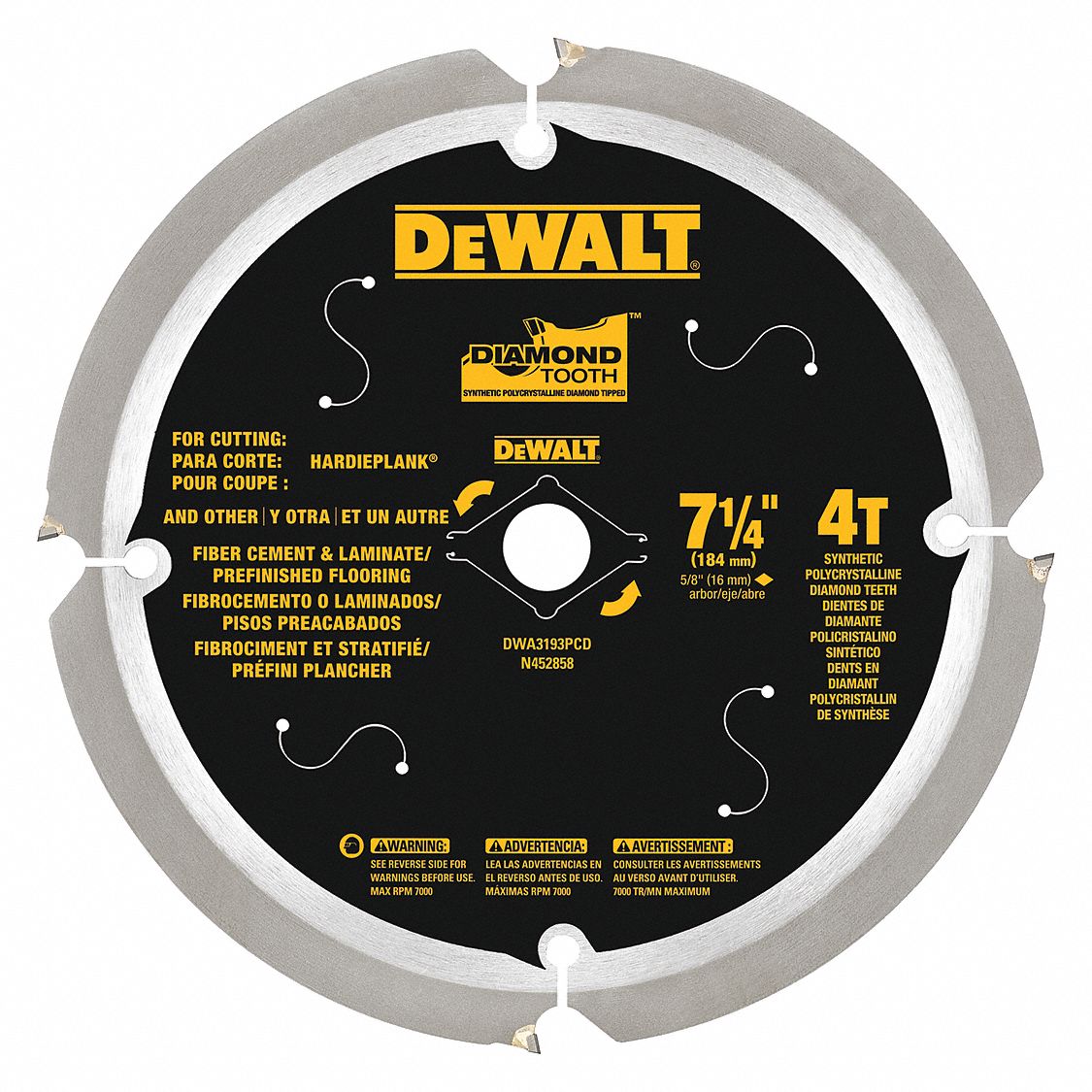 CIRCULAR SAW BLADE, POLYCRYSTALLINE DIAMOND, 7¼ IN DIA, 4 TEETH, ⅝ IN ARBOUR, 7000 RPM