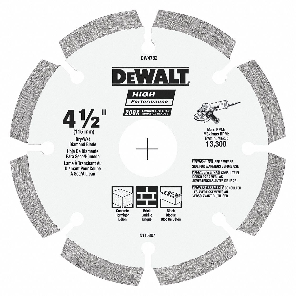 DIAMOND SAW BLADE, SEGMENTED, STEEL, 4½ IN, ⅞ IN ARBOUR, DRY, 13300 RPM, FOR ANGLE GRINDERS