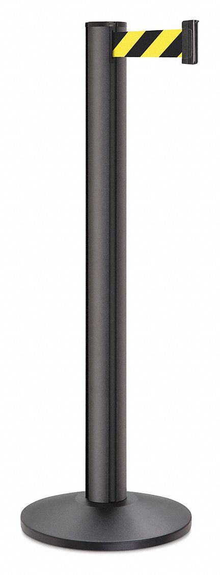 Barrier Post with Belt: Black/Yellow, Diagonal Stripe, No Legend, 15 ft Belt Lg, Black