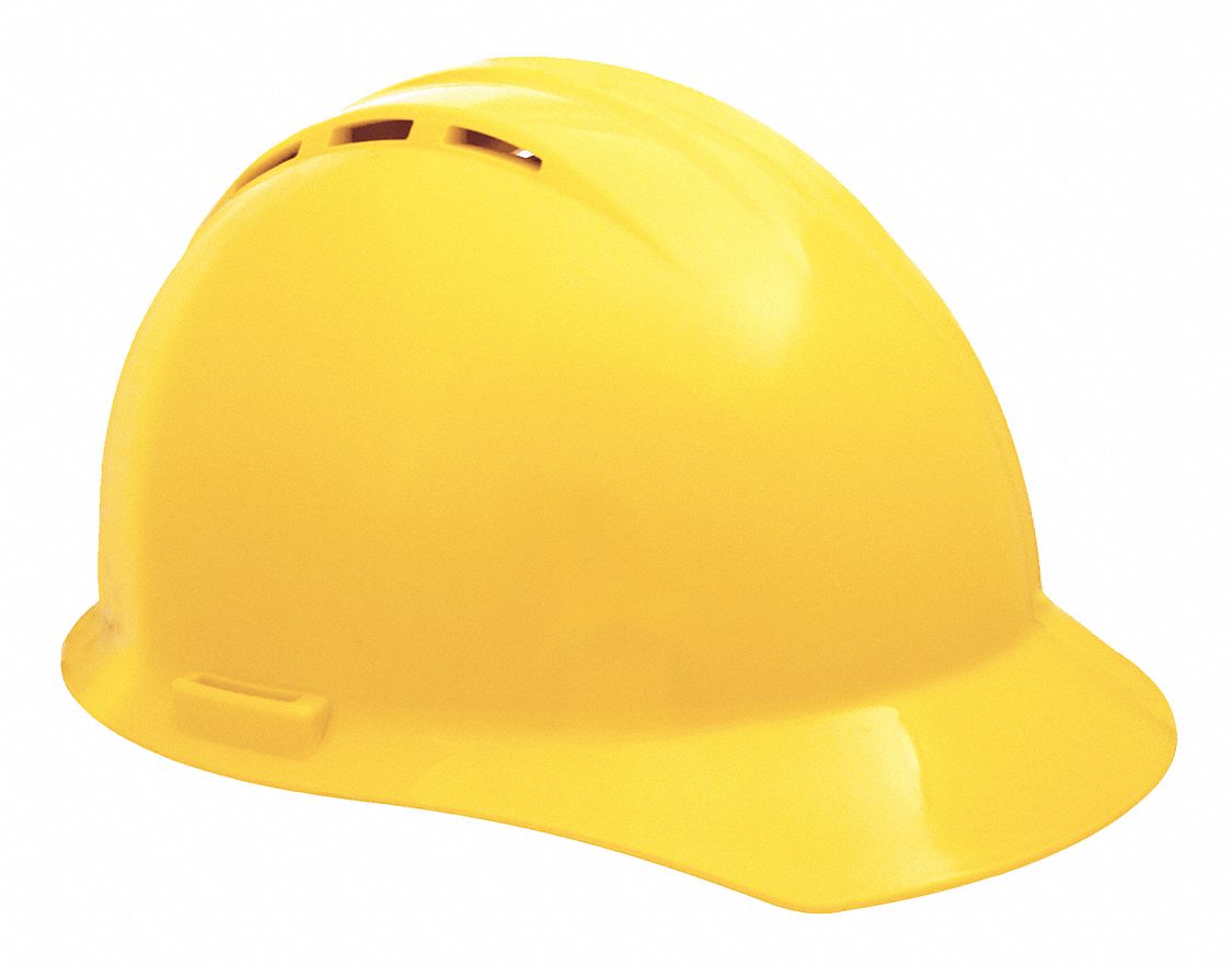Hard Hat: Yellow, No Graphics, Pinlock, Polyethylene, Side-Slots, ERB SAFETY, Solid