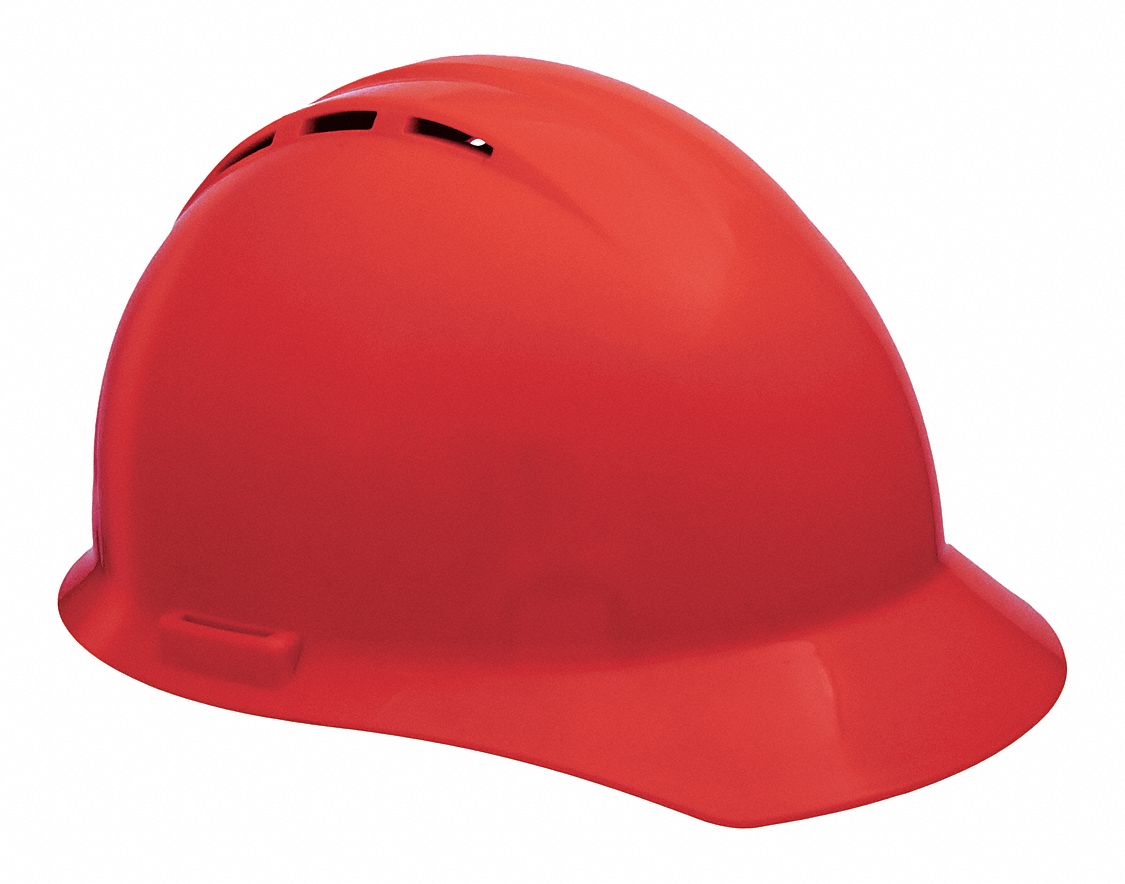 Hard Hat: Red, No Graphics, Pinlock, Polyethylene, Side-Slots, ERB SAFETY, Solid